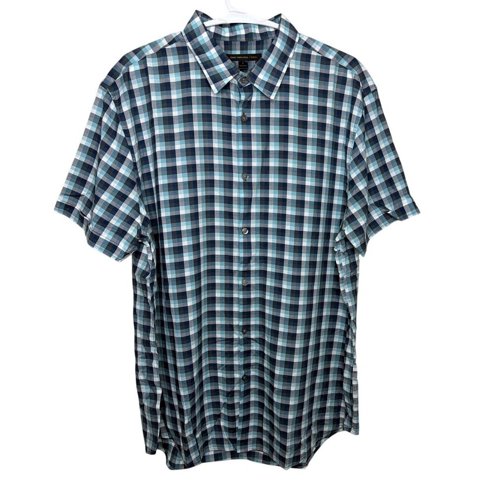 John Varvatos Star USA Mens Large Short Sleeve Plaid Button Up Shirt Blue Teal
